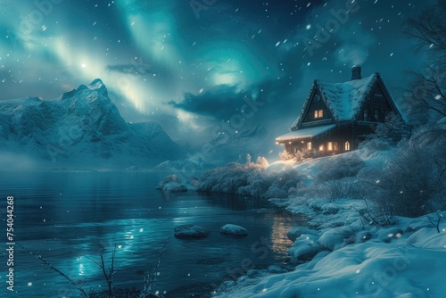 An enchanting winter landscape, where a house sits on the lake's edge, the Northern Lights overhead, and mountains in the distance, creating a perfect harmony of nature. 8k © Muhammad