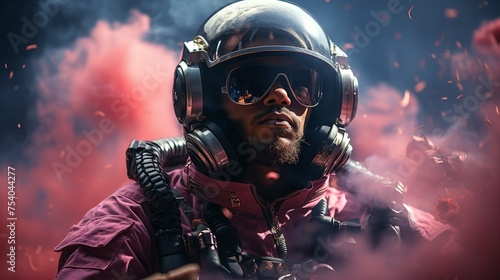 A man in a space suit is standing in a cloud of smoke