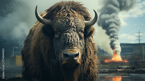 A large buffalo is standing in front of a large fire