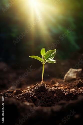 Young green pepper plant growing in a black fertility soil. Top view, overhead. Vegetable seedling is in the fertile dirt. Gardening mock up. Farm mockup with free space for text. Planting ground.