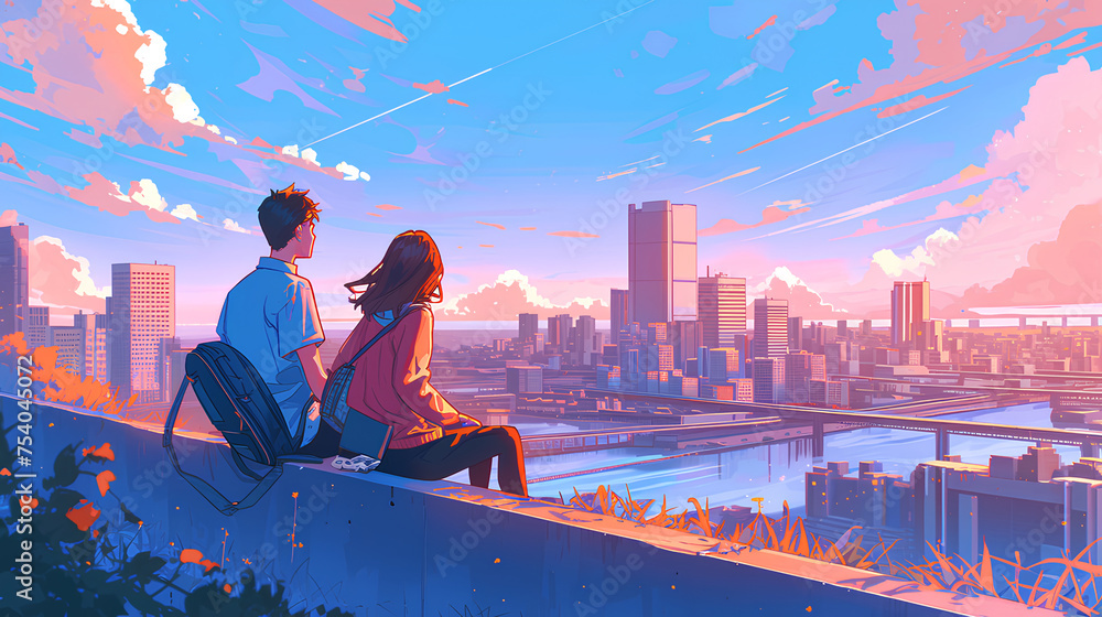 Obraz premium young anime boy and girl couple on a date