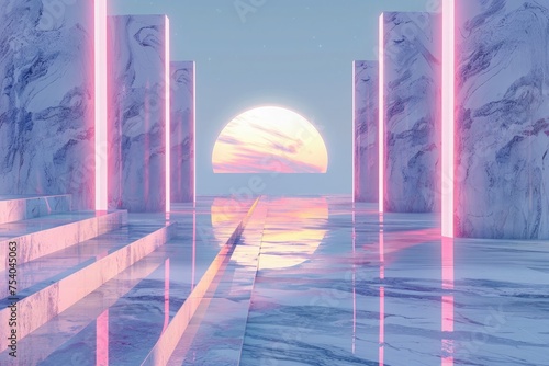 An expansive view of a surreal marble pattern that stretches into the horizon  bathed in the soft  pastel neon lights characteristic of vaporwave. 
