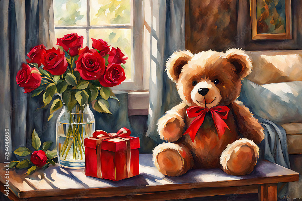 Sunlit Red Rose with Elegant Gift Box and Charm Vibrant  Teddy Bear 