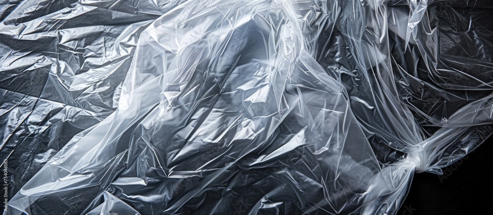 A black and white image showing a plastic bag lying on the ground. The bag appears crumpled and abandoned, with no visible signs of movement or activity. A black and white image showing a plastic bag lying on the ground. The bag appears crumpled and abandoned, with no visible signs of movement or activity.