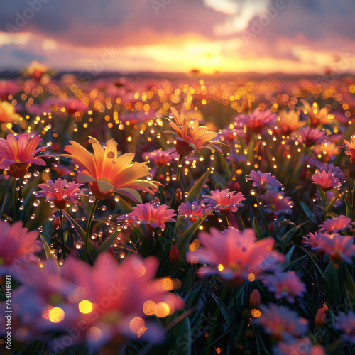 Sunrise over Dew-Kissed Flower Field  © suratin