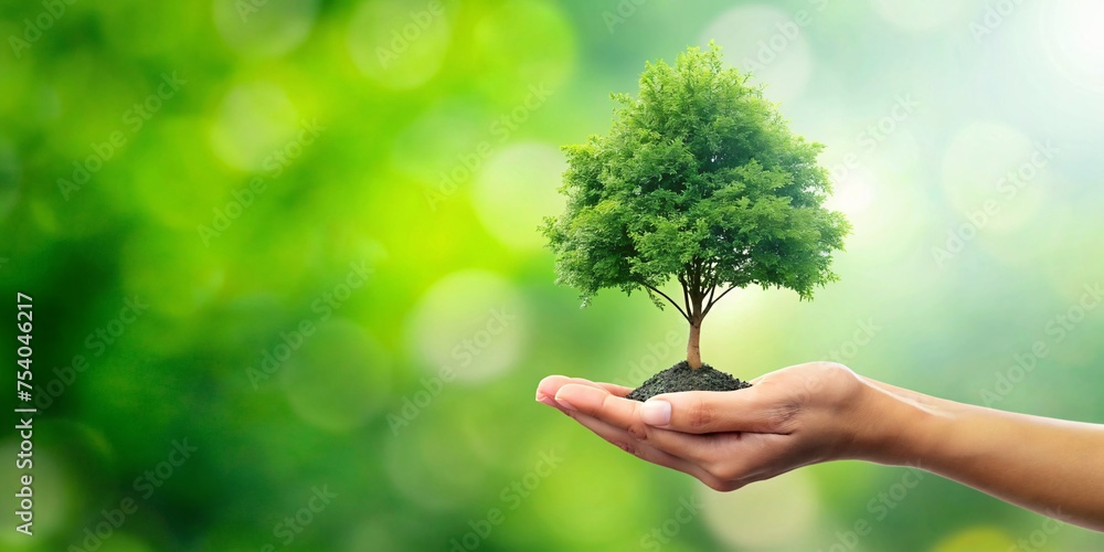 Human hands holding green tree on blurred bokeh background. Ecology concept Human hands holding green tree on blurred bokeh background. Ecology concept