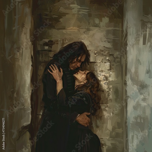 Portrait of a beautiful girl with long black hair in a black dress and a man in a dark cloak hugging her.