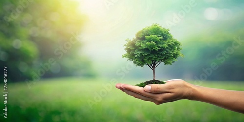 Human hands holding green tree on blurred bokeh background. Ecology concept