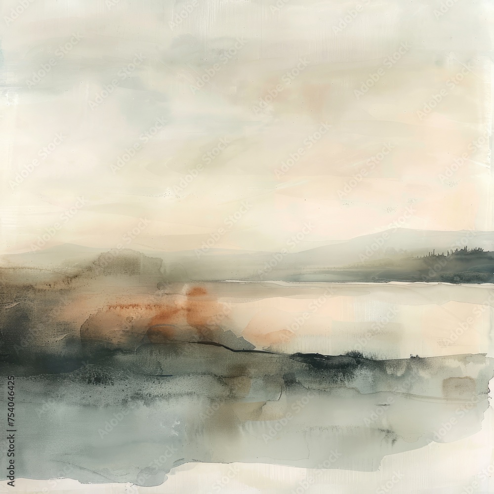 Abstract watercolor background with mountains, river and sky. Digital art painting.