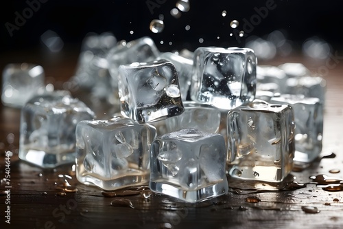 a bunch of ice cubes that are falling off of the side of a glass container with water droplets on it. Generative AI