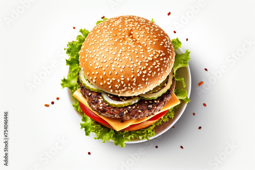 delicious burger on plate isolated on white background, top view of delicious burger