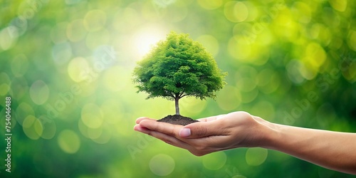 Human hands holding green tree on blurred bokeh background. Ecology concept