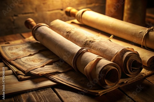 Old paper scrolls on a wooden table. Vintage style toned picture