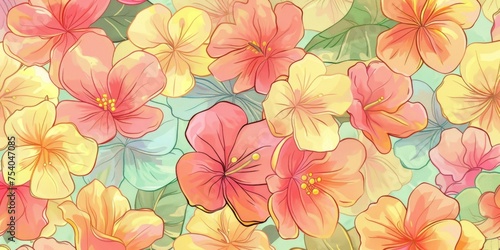 Background Texture Pattern - Spring Cel-Shaded Blossoming Flowers - Color Palette of soft pinks, bright yellows, and fresh greens created with Generative AI Technology