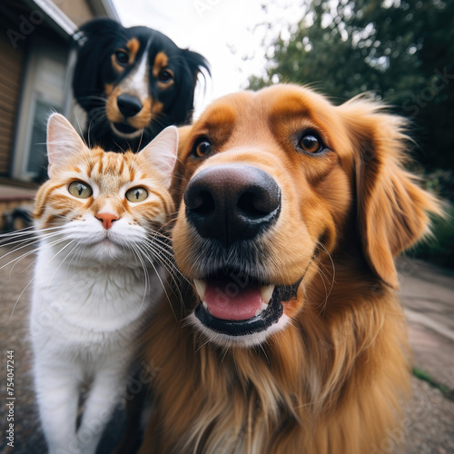 cute portraits of orange cats, golden retrievers and other dogs taking selfies created with Generative AI Technology