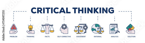 Critical thinking icons process structure web banner illustration of solution, analysis, self corrective, rational, judgement, facts, thinking, problem icon live stroke and easy to edit 