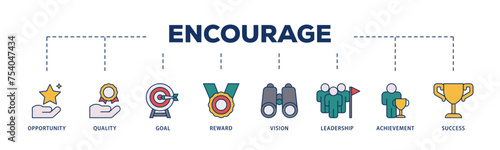 Encourage icons process structure web banner illustration of opportunity, quality, goal, reward, vision, leadership, achievement, success icon live stroke and easy to edit 