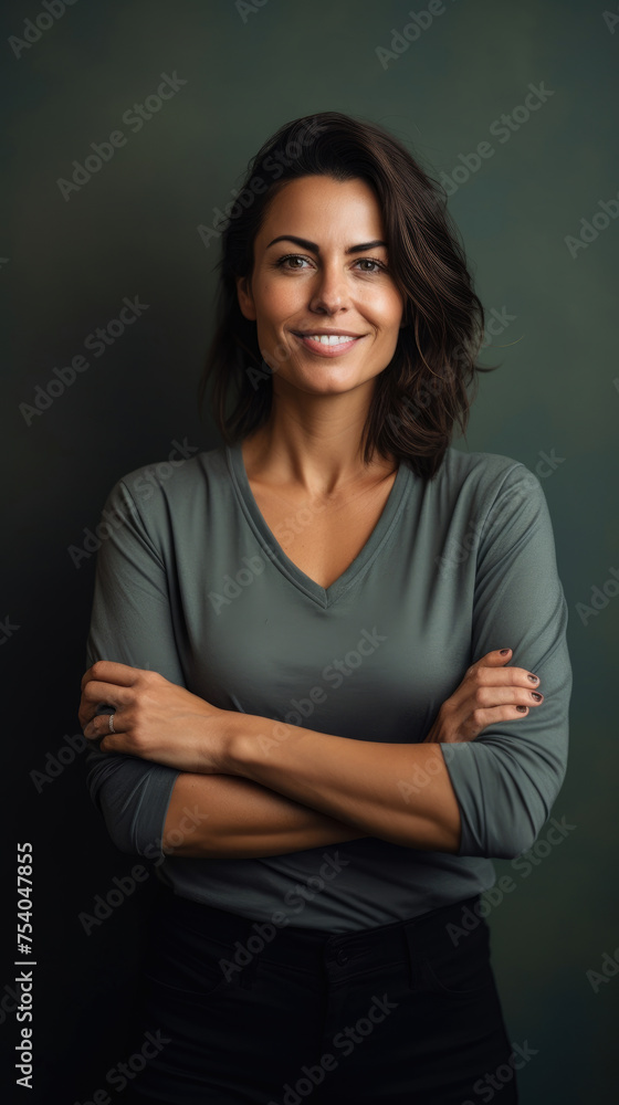 Smiling confident blonde woman with crossed arms standing against dark wall Smiling confident blonde woman with crossed arms standing against dark wall