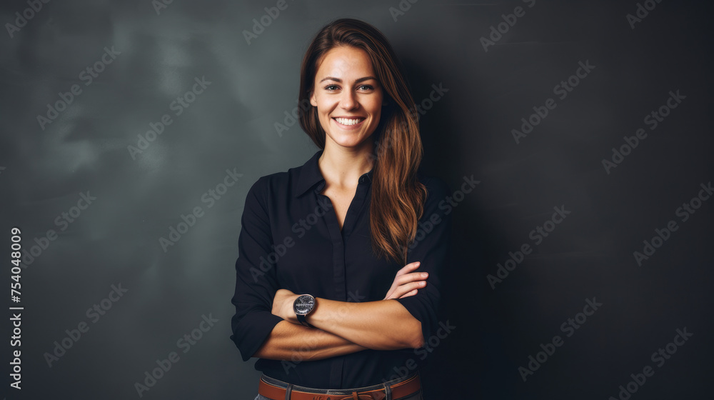 Smiling confident blonde woman with crossed arms standing against dark wall Smiling confident blonde woman with crossed arms standing against dark wall