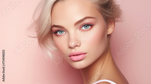 beautiful glamor sensuality girl professional model face calm makeup style in light pink magenta and beige created with Generative AI Technology 
