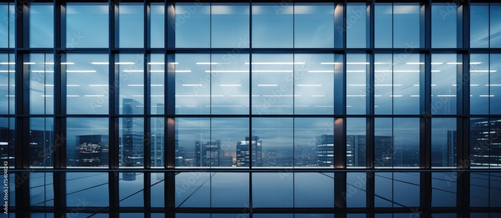 Obraz premium A night-time urban view seen through the window of a modern office building, showcasing the city skyline with illuminated buildings, bustling streets.