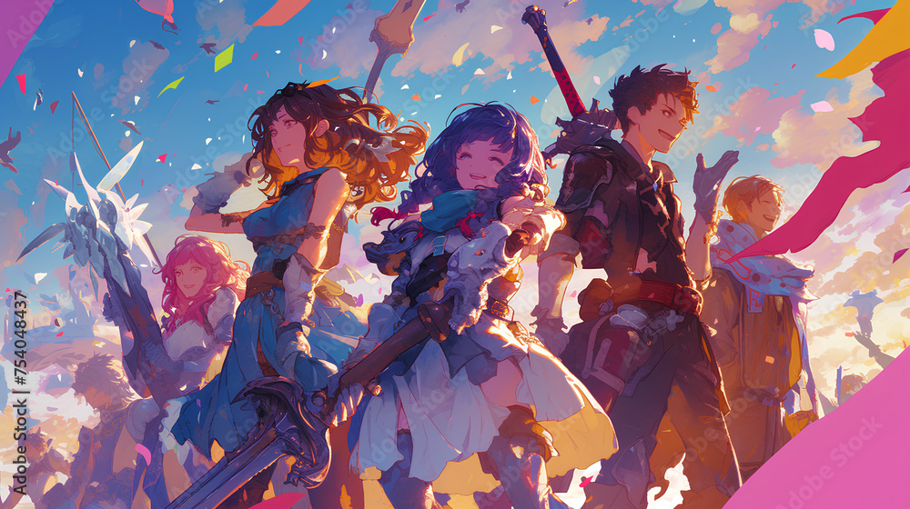 Fototapeta premium group of 4 anime people with their respective weapons