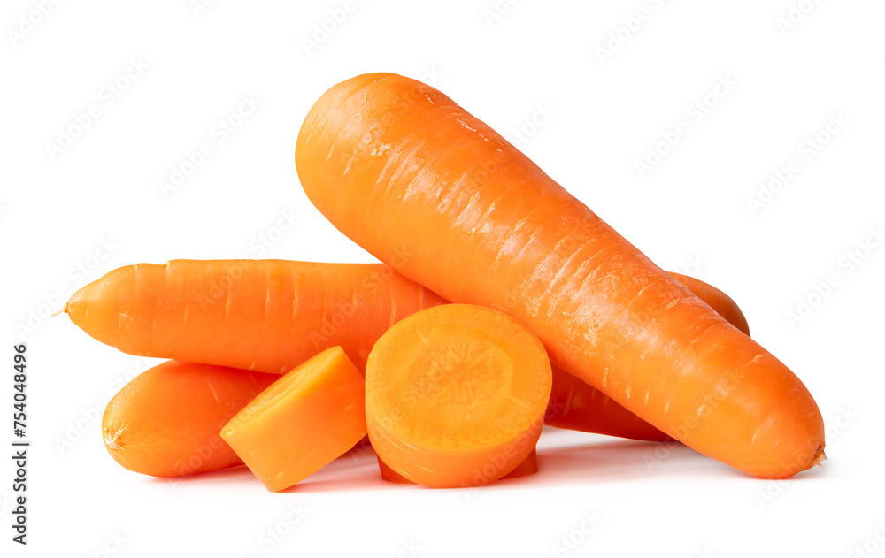 Front view or side view of beautiful fresh orange carrot roots with slices in stack isolated on white background with clipping path Front view or side view of beautiful fresh orange carrot roots with slices in stack isolated on white background with clipping path