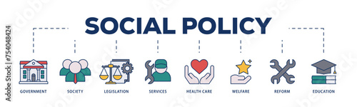 Social policy icons process structure web banner illustration of education, reform, services, welfare, health care ,legislation, society, government icon live stroke and easy to edit 