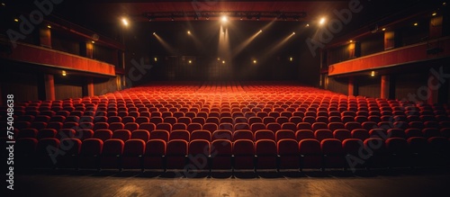 A view of an empty theater with red seats and bright lights. The rows of seats create an interesting pattern in the music venue hall.