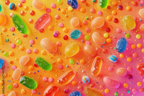  abundance of colorful candies, from jelly beans to hard candies, scattered across a vibrant background. Each candy is detailed and glossy, looking irresistibly tasty. 8k photo