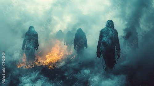 A group of four monsters are walking through a field of fire