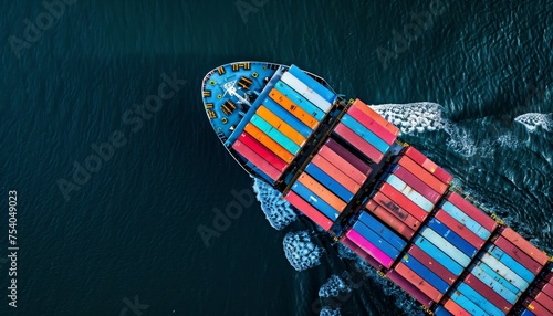 Container ship fully loaded in vibrant blue ocean front view with clear sky on a sunny day