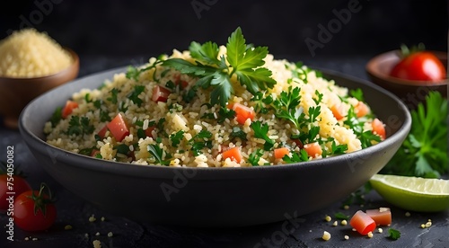Bright Levantine salad with lemon juice, parsley, tomato, cucumber, and bulgur grains. A close-up of some delicious bulgur with tabbouleh Cold rice salad with cheese, beans, and sausage