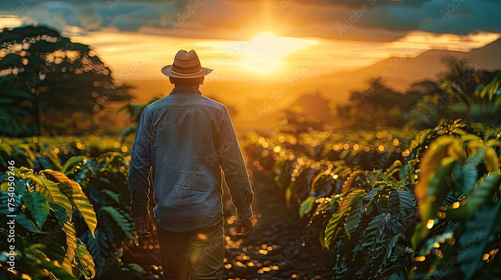 man with hat walking through a coffee field at sunrise 