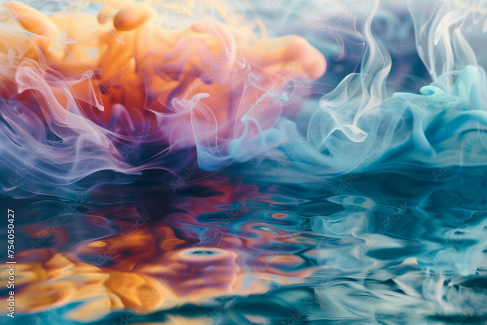 A colorful smoke trail in the water, with the smoke being a mix of red, yellow, and blue. The smoke is floating on the surface of the water, creating a beautiful and mesmerizing effect A colorful smoke trail in the water, with the smoke being a mix of red, yellow, and blue. The smoke is floating on the surface of the water, creating a beautiful and mesmerizing effect