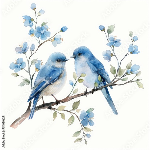 Watercolor bluebirds on a branch with flowers. Illustration. © Diio