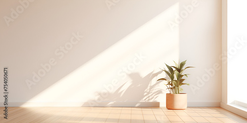 A minimalist background with a spacious and sturdy wooden floor accompanied by a pristine white wall