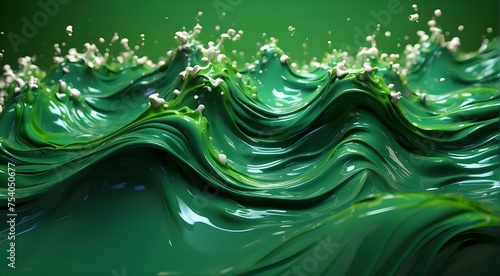 a green background with a reflection of the water at the bottom of the picture and a green liquid splattering out of the top of a green object.