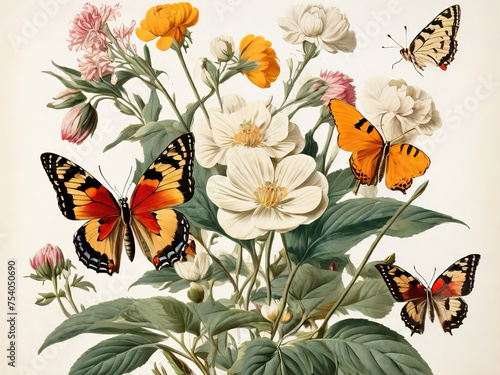 Vintage floral background with wildflowers and butterflies. Hand drawn illustration.