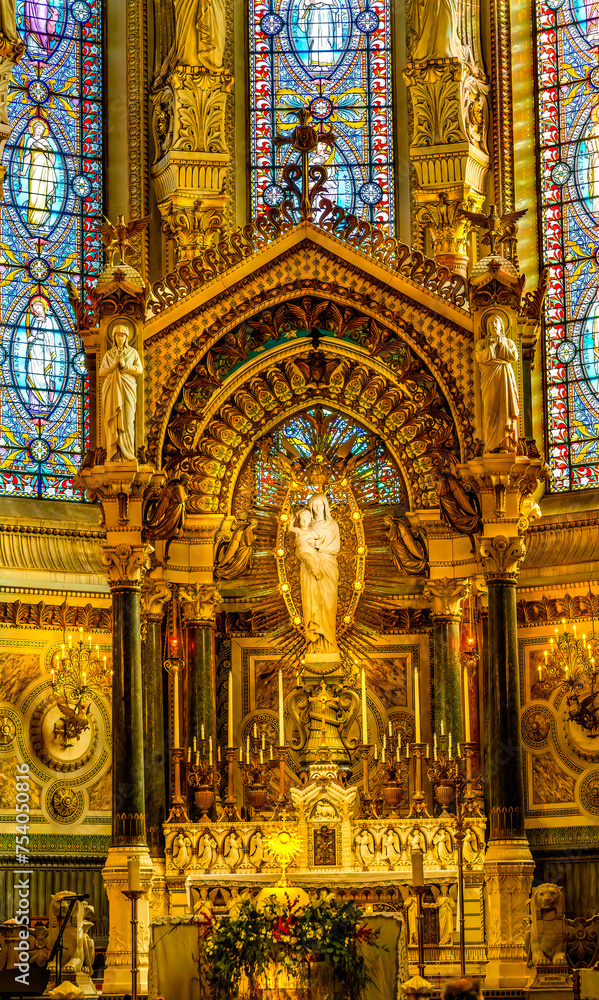 Mary Statue Altar Stained Glass Basilica Notre Dame Lyon France