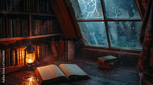 Wallpaper Mural An individual reading a book by the light of a lantern in a cozy attic while a storm rages outside, raindrops streaking the window. 8k Torontodigital.ca
