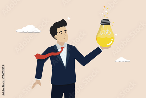 Experiment new creative idea, research to create new products, business entrepreneurial mindset concept, businessman experimenting with idea bulbs to create new products.