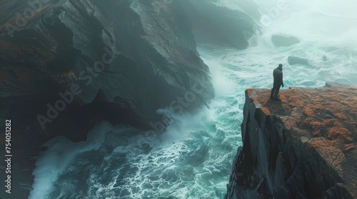 An individual standing at the edge of a cliff, overlooking a turbulent sea, finding a moment of solitude and calm amidst the natural chaos. 8k photo