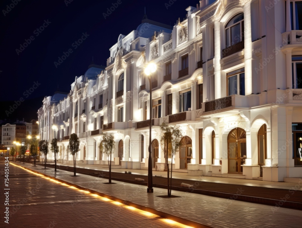 Ornate streetscape white houses illuminated