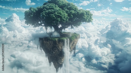 A tree with horizon-spanning branches anchors the island, which floats in midair and is home to a variety of hanging gardens and waterfalls that drop into the clouds below.  © Muhammad