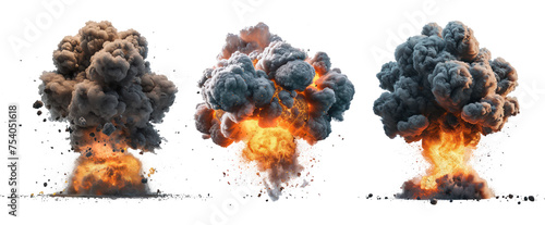 set of three nuclear bomb explosion on transparent background
