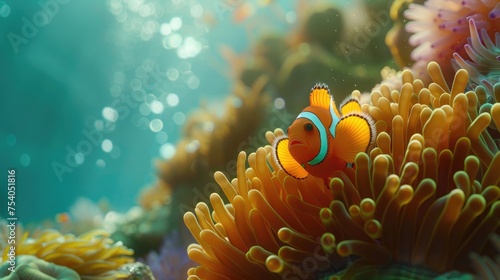 An underwater snapshot of a clownfish peeking out from its anemone home amidst a backdrop of vivid corals, capturing the symbiotic relationships within the reef ecosystem. 8k