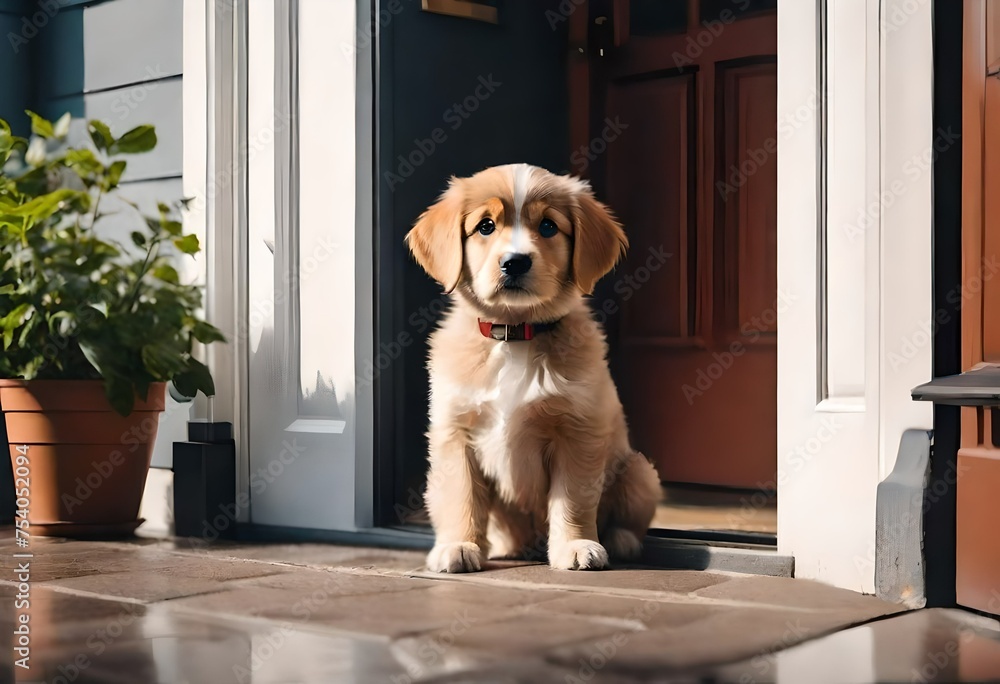 golden retriever puppy sitting on the door