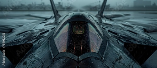 F22 Raptor Jet on Rainy Japanese Tarmac Cinematic Close-Up with Cockpit Detail