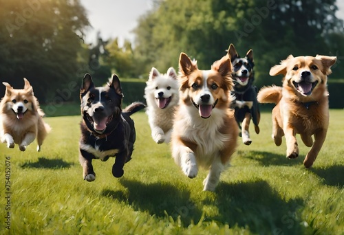 group of dogs playing in the park with happy faces